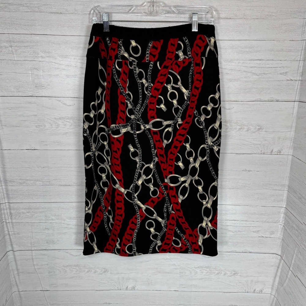 VTG Y2K Chain Print Midi Skirt Women Large Black Red whimsygoth Stretchy USA - Picture 2 of 7